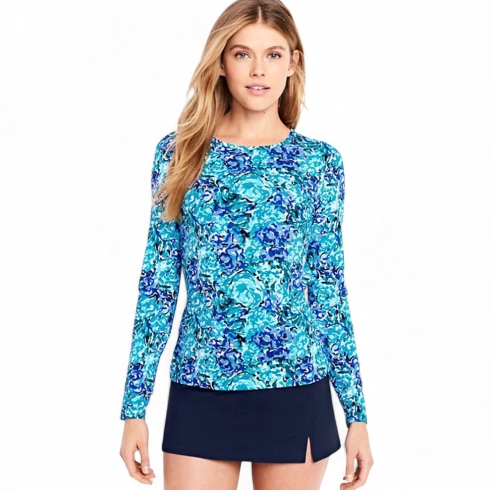 Lands End Women's Swim Tee Rash Guard Deep Sea Avery Waves